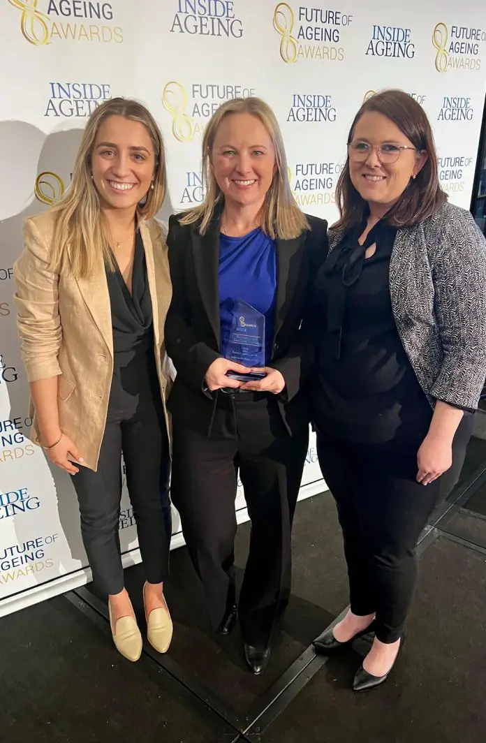 HammondCare for the Last Days Program. Pictured (l-r), Maria Cambitzi Manager, Service Development and Program Delivery at HammondCare, Felicity Burns, General Manager, Health and Palliative Care at Hammondcare and Jessica Andrew, Rural Lap - Future of Ageing Awards sponsor.