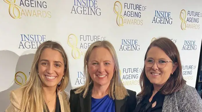 HammondCare for the Last Days Program. Pictured (l-r), Maria Cambitzi Manager, Service Development and Program Delivery at HammondCare, Felicity Burns, General Manager, Health and Palliative Care at Hammondcare and Jessica Andrew, Rural Lap - Future of Ageing Awards sponsor.