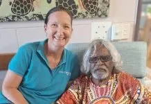 Aged care worker Melissa Forman and resident Geoff Butcher.