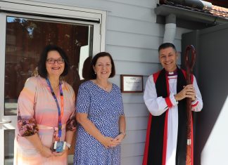 (l-r) Anglicare Southern Queensland CEO Sue Cooke, Anglicare Southern Queensland's Chair of the Community Services Commission Tracy Morgan and The Most Reverand, Archbishop of Brisbane Jeremy Greaves KCSJ.