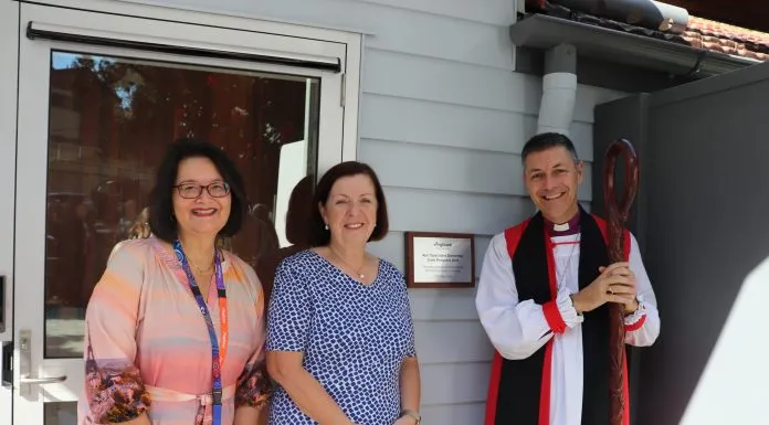 (l-r) Anglicare Southern Queensland CEO Sue Cooke, Anglicare Southern Queensland's Chair of the Community Services Commission Tracy Morgan and The Most Reverand, Archbishop of Brisbane Jeremy Greaves KCSJ.